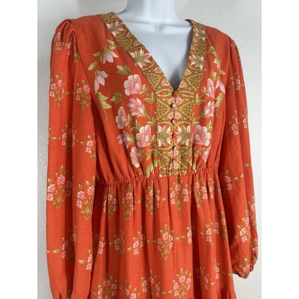 Women's Sz: Large Linen Blend Orange Boho Cottage Floral Maxi Dress by A Loves A - Picture 2 of 7